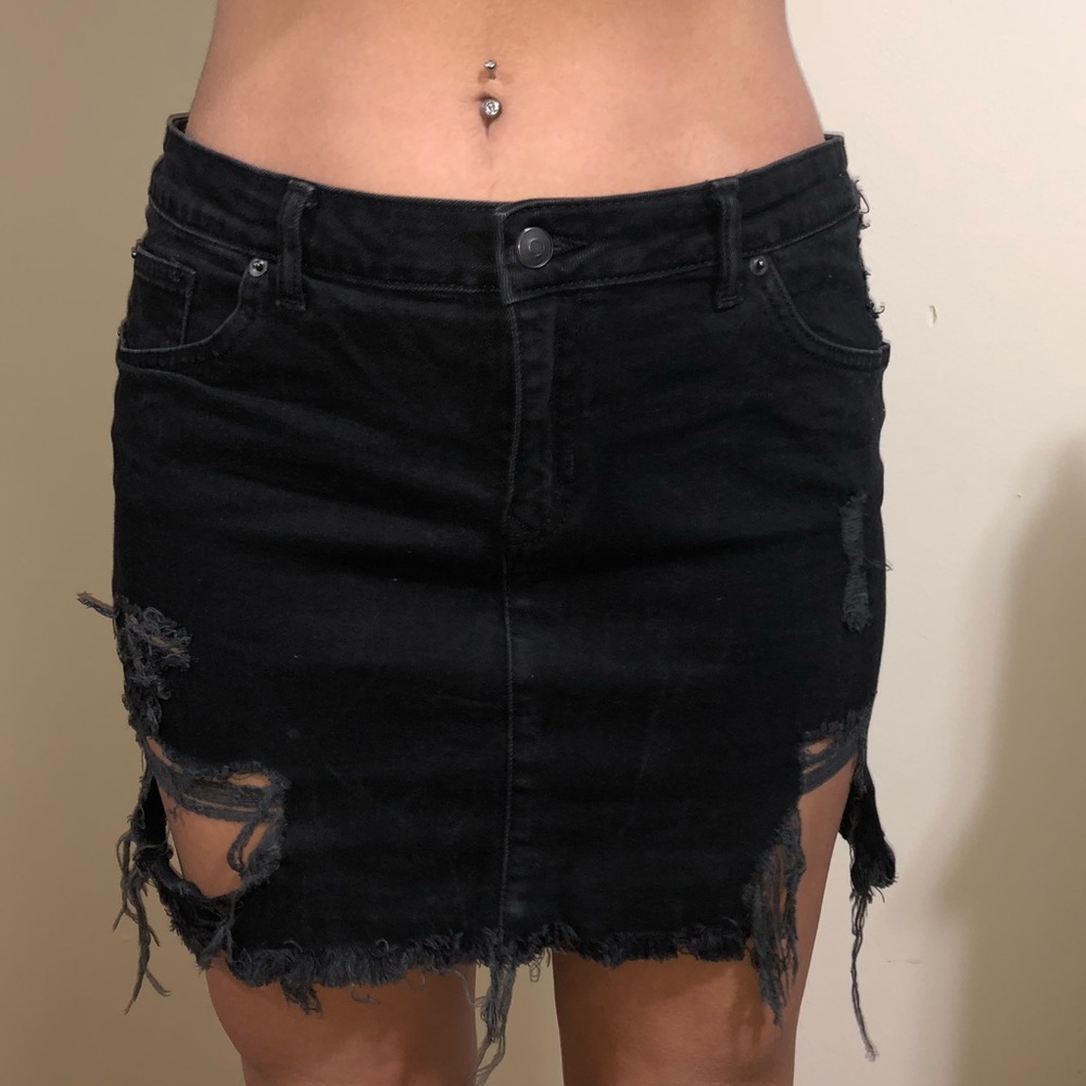 Black Distressed Mini Skirt / frayed black denim